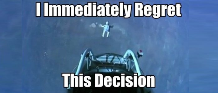 Parodie Red Bull Stratos. Détournement du saut de Felix Baumgartner depuis l'espace. Humour regrette cette décision.