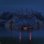 Les yeux rouges d'un crocodile brillent dans la nuit. Larry Lync : Warning night light.