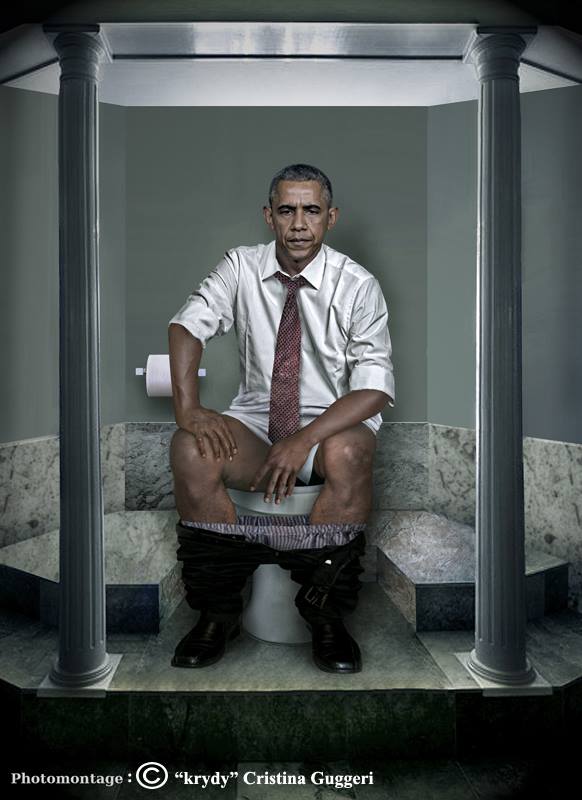 Barack Obama le président des États-Unis coule un bronze aux toilettes