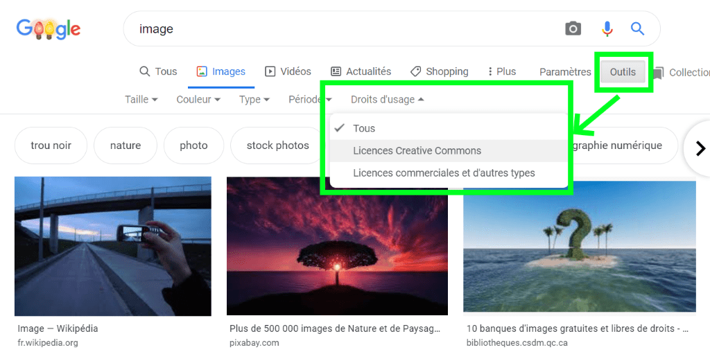 filtre droits d'usage google images