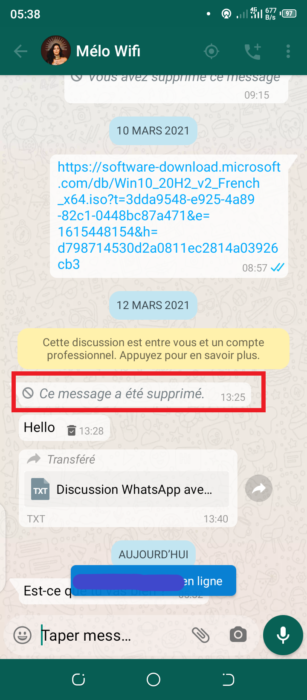 exemple de message supprimé dans WhatsApp