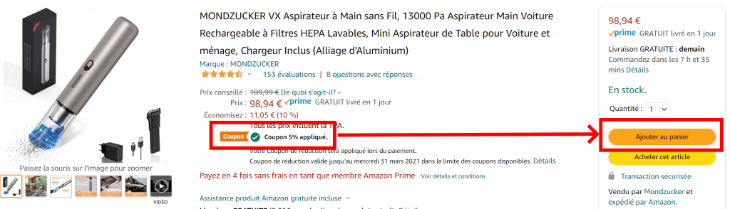 coupon amazon mondzucker vx mini aspirateur à main