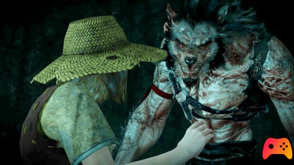 Un loup-garou à l'air menaçant devant une fille dans le jeu de The Witcher. 