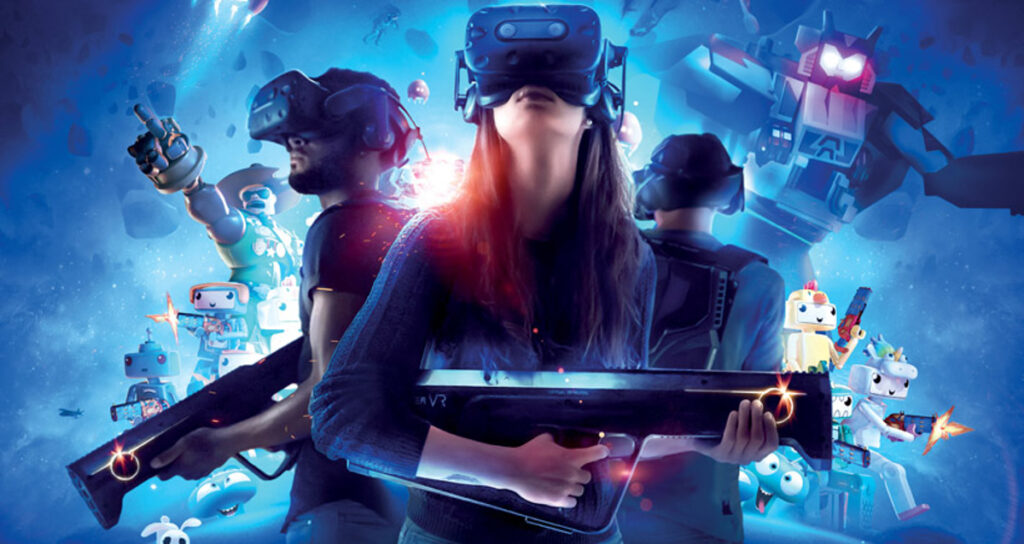 A group of gamers with VR headsets
