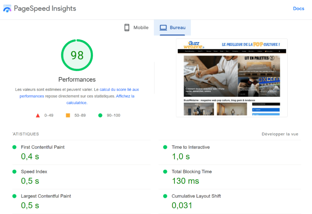 pagespeed insights test exemple