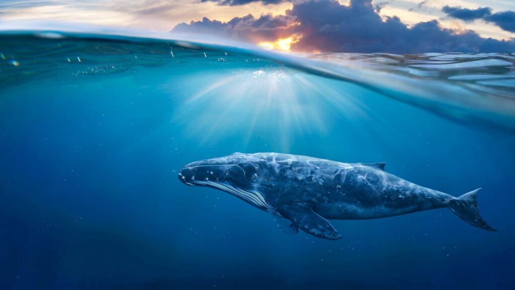 Un grand mammifère marin avec un beau paysage.