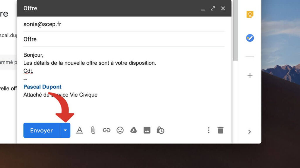 L'option de planification de mail sur gmail