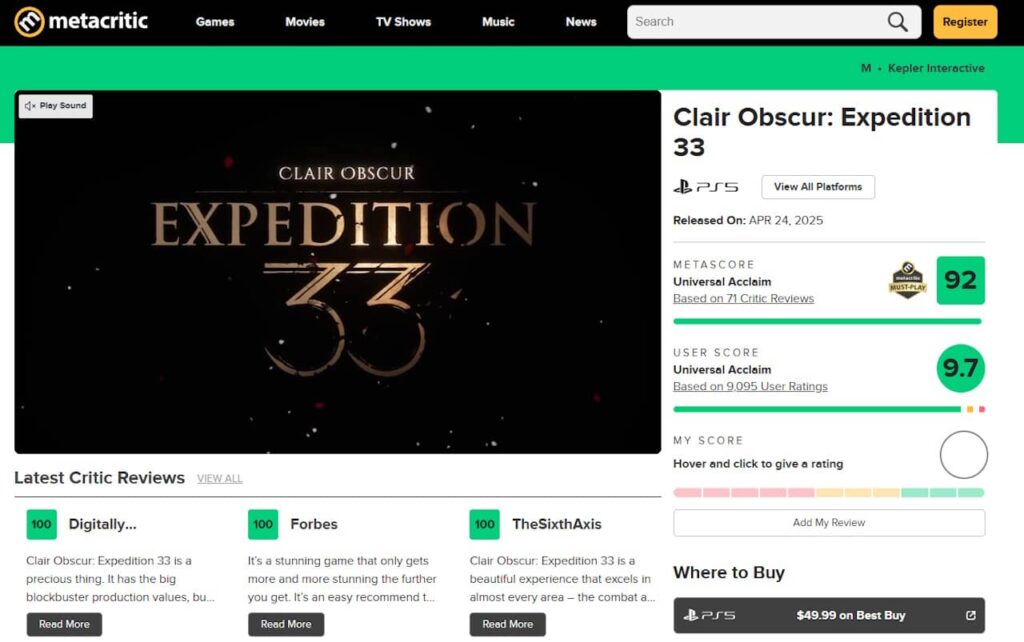 Clair Obscur Expedition 33 : avis metacritic