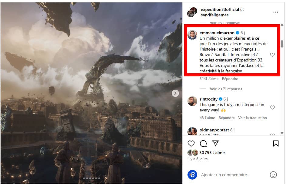 Emmanuel Macron commentaire instagram Clair Obscur Expedition 33