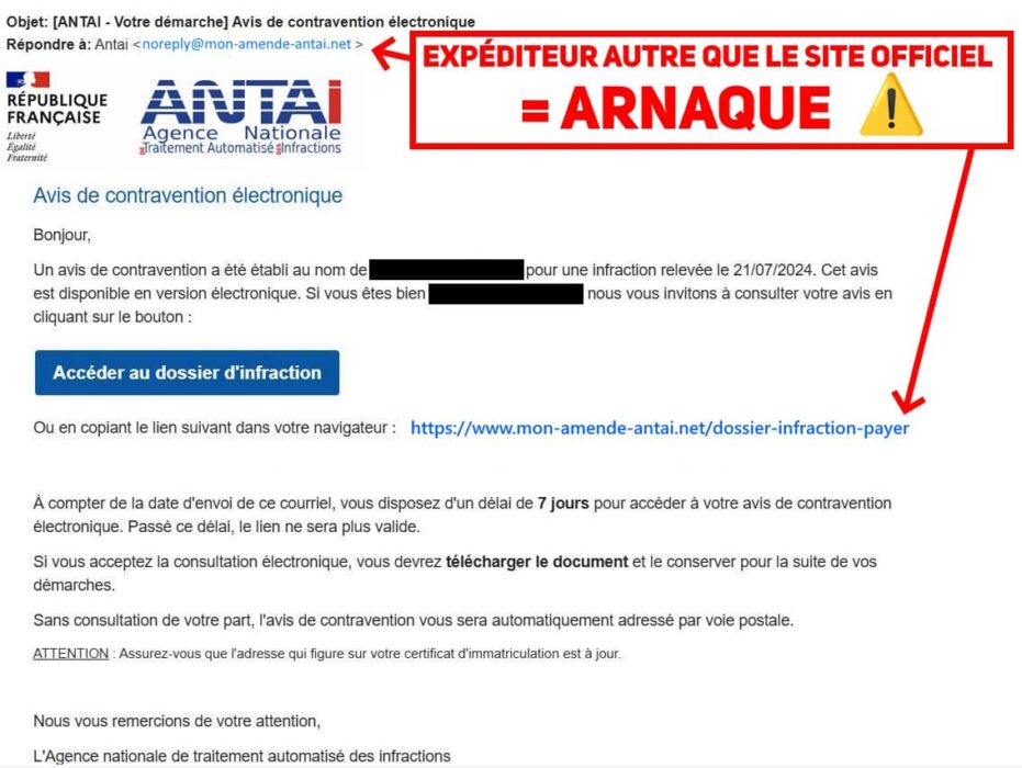Exemple de mail de phishing d'arnaque contravention ANTAI