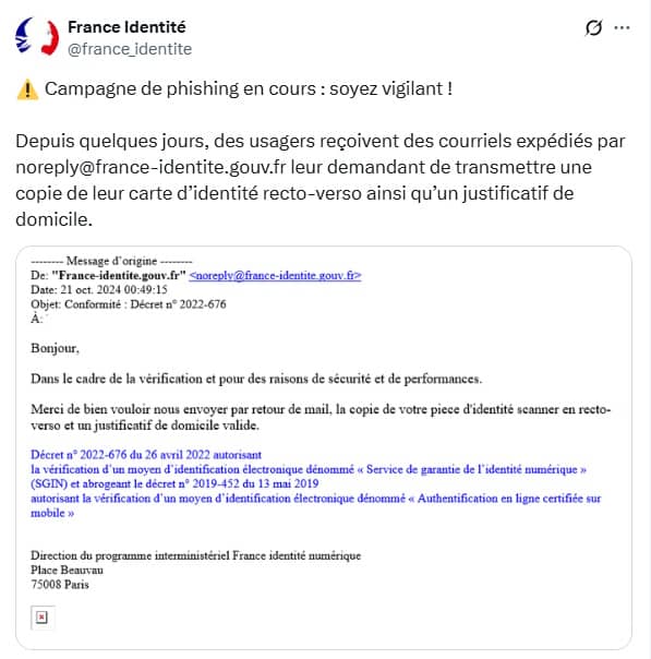 mail de phishing signalé par France identite