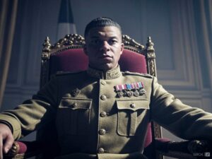 Image générée par IA de Kylian Mbappé habillé en général
