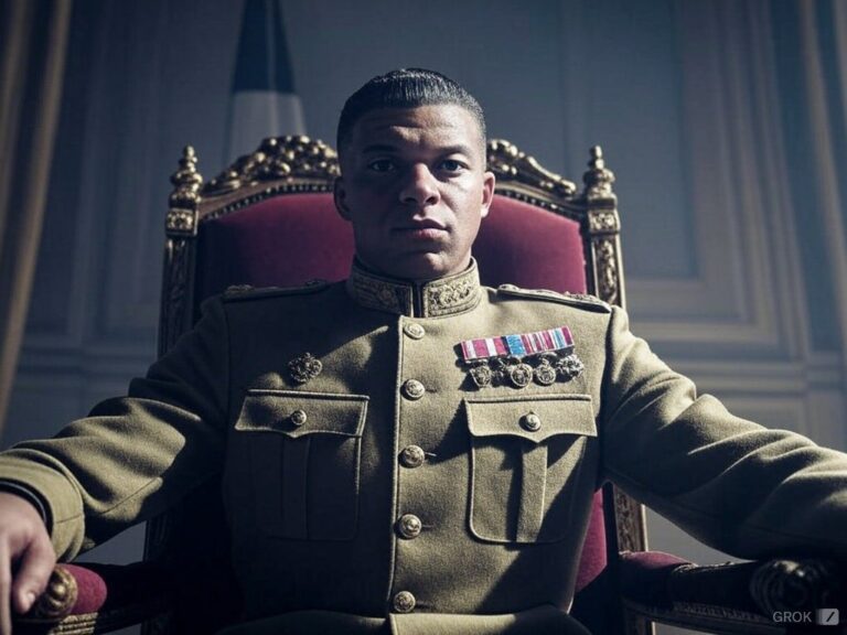 Image générée par IA de Kylian Mbappé habillé en général