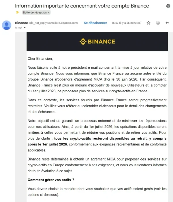 mail binance agrément MiCA 24 juin 2026