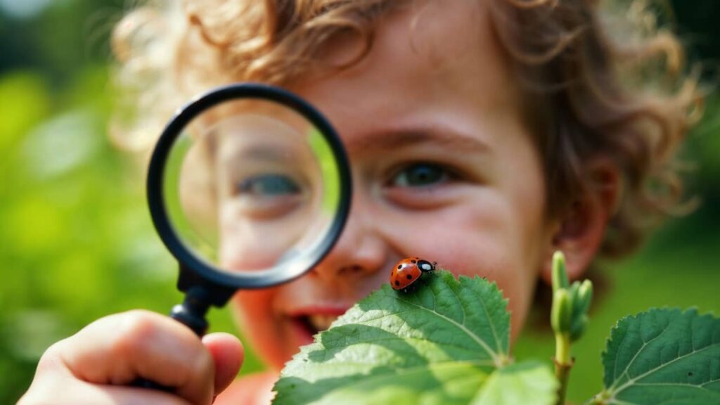 enfant observe coccinelle loupe