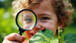 enfant observe coccinelle loupe