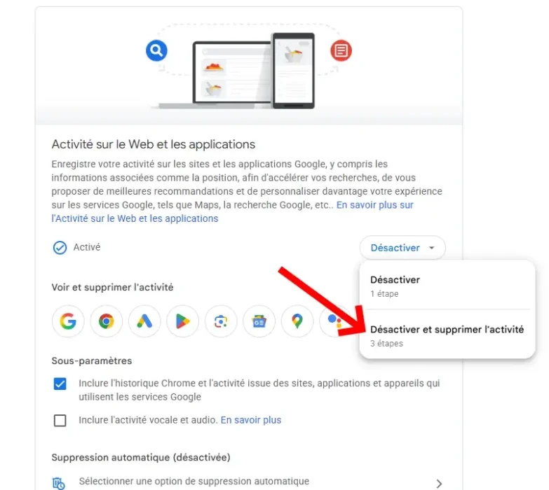 désactiver et supprimer l'activité google chrome