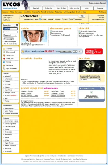 Lycos.fr version portail Internet en 2005