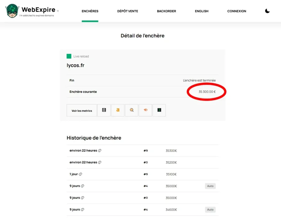 Lycos.fr vendu aux enchères sur webexpire